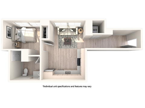 Floor plan for 1 bed, 1 bath, 539 sqft